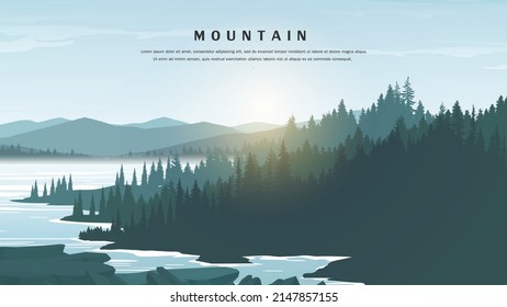 Vector illustration of a pine forest and mountains. Landscape with high mountains vacation and tourism.