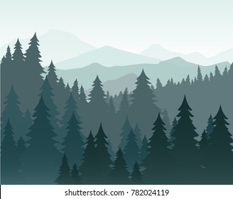 Vector illustration of pine forest and mountains vector background. Coniferous forest, fir silhouette and mountains in fog landscape.