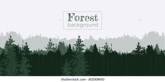 Vector illustration of a pine forest panorama background with double horizon. Vintage shabby style.