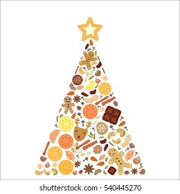 vector illustration of pine tree composed by spices and dried fruits with cookie star on the top as Christmas cooking concept