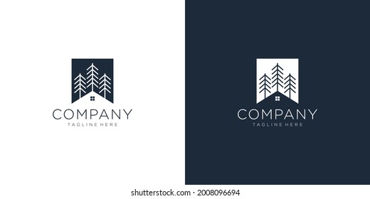 Vector illustration of a pine tree and house logo vector icon, block box shaped.