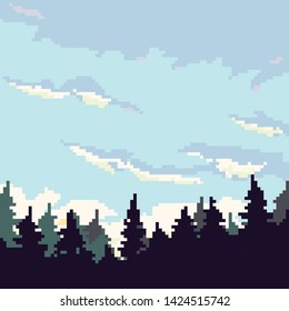 Vector illustration of pine trees. Coniferous forest silhouette template. Pixel art. 8 bit. 