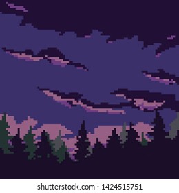 Vector illustration of pine trees. Coniferous forest silhouette template. Pixel art. 8 bit. Night background.