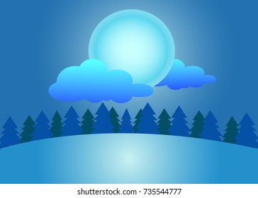 Vector illustration of Pine trees forest at night with moon