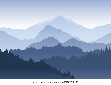 Vector illustration of the pine trees forest receding into the distance on the background of light blue mountains in thick fog.