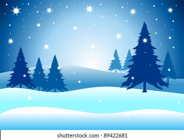Vector illustration of pine trees on snowy hills