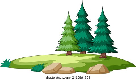 Vector illustration of pine trees with rocks and grass.