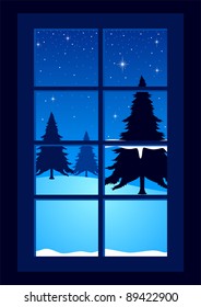 Vector illustration of pine trees seen through the window in wintertime
