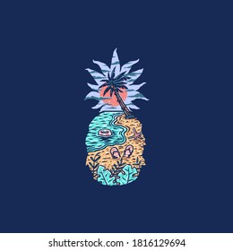 Vector illustration of pineapple beach, hand drawn line style with digital color