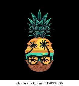 Vector illustration of pineapple beach, hand drawn line style with digital color