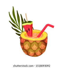 Vector Illustration Of Pineapple Cocktail With A Slice Of Watermelon