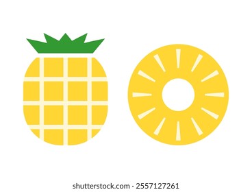 Vector illustration of pineapple. Front view and cross section. Fruits cute icons. White background.