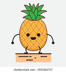 Vector Illustration of Pineapple Fruit Character with cute face, simple hands and leg line art on Isolated Background. Flat cartoon doodle style.