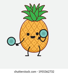 Vector Illustration of Pineapple Fruit Character with cute face, simple hands and leg line art on Isolated Background. Flat cartoon doodle style.