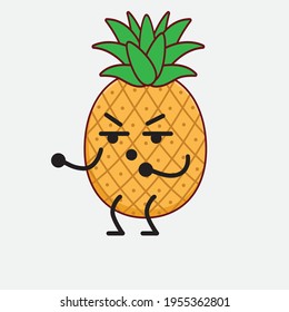 Vector Illustration of Pineapple Fruit Character with cute face, simple hands and leg line art on Isolated Background. Flat cartoon doodle style.