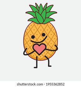 Vector Illustration of Pineapple Fruit Character with cute face, simple hands and leg line art on Isolated Background. Flat cartoon doodle style.