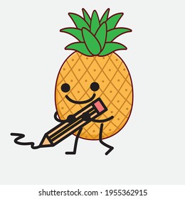 Vector Illustration of Pineapple Fruit Character with cute face, simple hands and leg line art on Isolated Background. Flat cartoon doodle style.