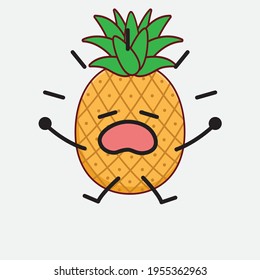 Ilustración vectorial del personaje de la fruta de la piña con cara linda, manos simples y líneas de la pierna en fondo aislado. Estilo de dibujo animado plano.