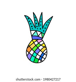 Vector illustration of a pineapple, hand drawn, colorful cubism style