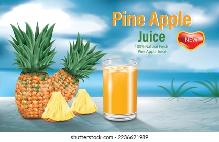 vector illustration pineapple juice ad design with pineapples on the beach background.use for summer advertising and tasty pineapple juice advertising poster.