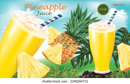 vector illustration pineapple juice ad design template with pineapples,use for tasty pineapple fruit juice advertising banner and label design.