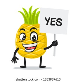 vector illustration of pineapple mascot or character holding sign says yes