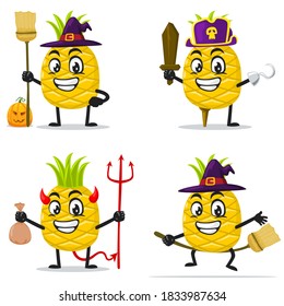 vector illustration of pineapple mascot or character collection set with love or halloween theme