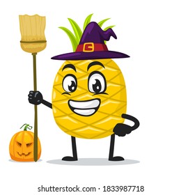 vector illustration of pineapple mascot or character wearing witch costume and holding broom