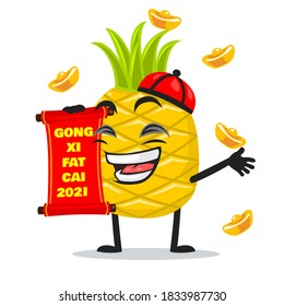 vector illustration of pineapple mascot or character holding red scroll and says happy chinese new year 2021
