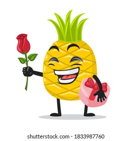 vector illustration of pineapple mascot or character give flower and holding pink gift