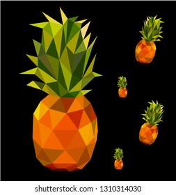 Vector illustration of pineapple on a black background. Low poly exotic fruit
