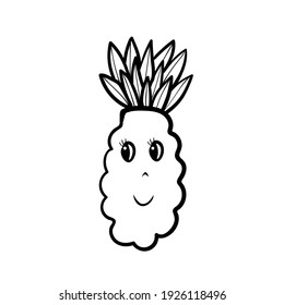 Ilustración vectorial de la piña sobre un fondo blanco. Fruta con ojos y sonrisa. Ilustración linda al estilo de la caricatura. Elemento de libro de coloreado.