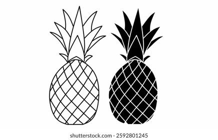 Vector illustration of pineapple in outline and silhouette styles. Perfect for tropical, food, summer, juice, exotic fruit, and natural product designs.