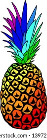 Vector illustration of pineapple painted in colors of rainbow, isolated on white. T-shirt print design