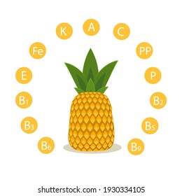 vector illustration of pineapple, showing the vitamins and minerals contained in pineapple, the concept of proper and healthy nutrition.