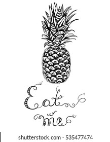 Vector illustration of pineapple. Vector silhouette pineapple with hand drawn font