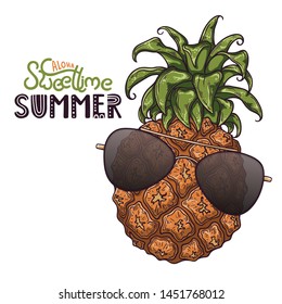 Vector illustration of pineapple in sketch style. Lettering: aloha sweet time summer. Isolated objects for your design. Each object can be changed and moved.