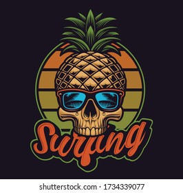Vector illustration with pineapple skull  in vintage style. This design is perfect for logos, shirt prints and many other uses as well.