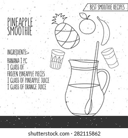 vector illustration of pineapple smoothie recipe hand drawn in flat linear design style on textured background