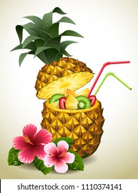 Vector illustration - pineapple tropical cocktail and flowers