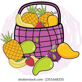 vector illustration of pineapple tropical fruit in a basket .good for coloring book, school, pre school,logo, animation, learning,vegan food,healthy food an juice,sour and sweet fruit,bright color