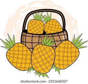 vector illustration of pineapple tropical fruit in a basket .good for coloring book, school, pre school,logo, animation, learning,vegan food,healthy food an juice,sour and sweet fruit,bright color