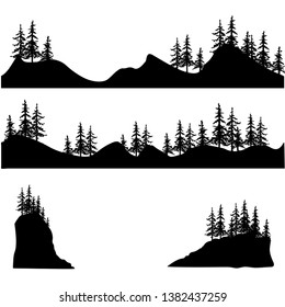 ilustración vectorial pinos en pendiente de montaña, siluetas negras y blancas en fondo blanco