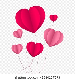 Vector illustration of pink 3d hearts attached with string on transparent background
