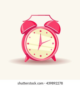 Vector illustration pink alarm clock. Alarm clock icon. Flat design style.