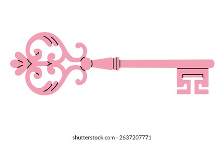 Vector illustration of pink antique key isolated on white background. can be used in interior design concepts, event invitations, logo creations, travel brochures, cards etc. Cute design.