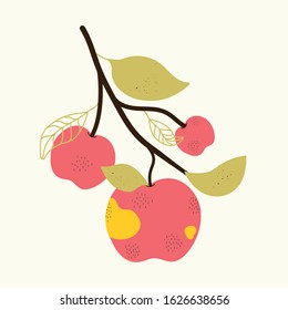 Vector illustration with pink apples and green leaves. Trendy minimalist print  design with organic fruits