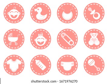 Vector illustration of pink baby girl shower icons