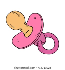 Vector illustration. Pink baby pacifier with ring. 