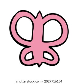 Vector illustration of a pink baby rattle in the shape of a butterfly. Hand drawn icon and symbol for print on baby clothes, poster, sticker, card design. Cartoon design elements. 